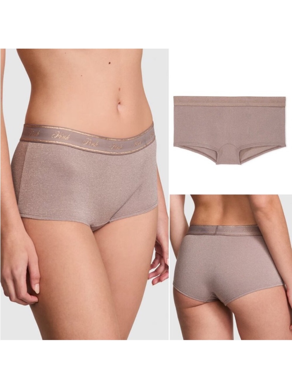 New VS PINK Logo Cotton Shimmer Boyshort Panty Size L